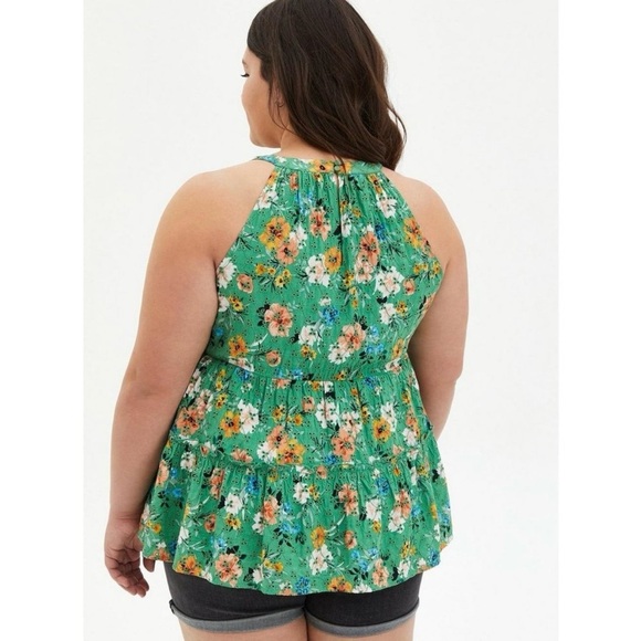 Torrid Green Floral Babydoll Eyelet Tiered Sleeveless Top size 0 - Picture 2 of 10
